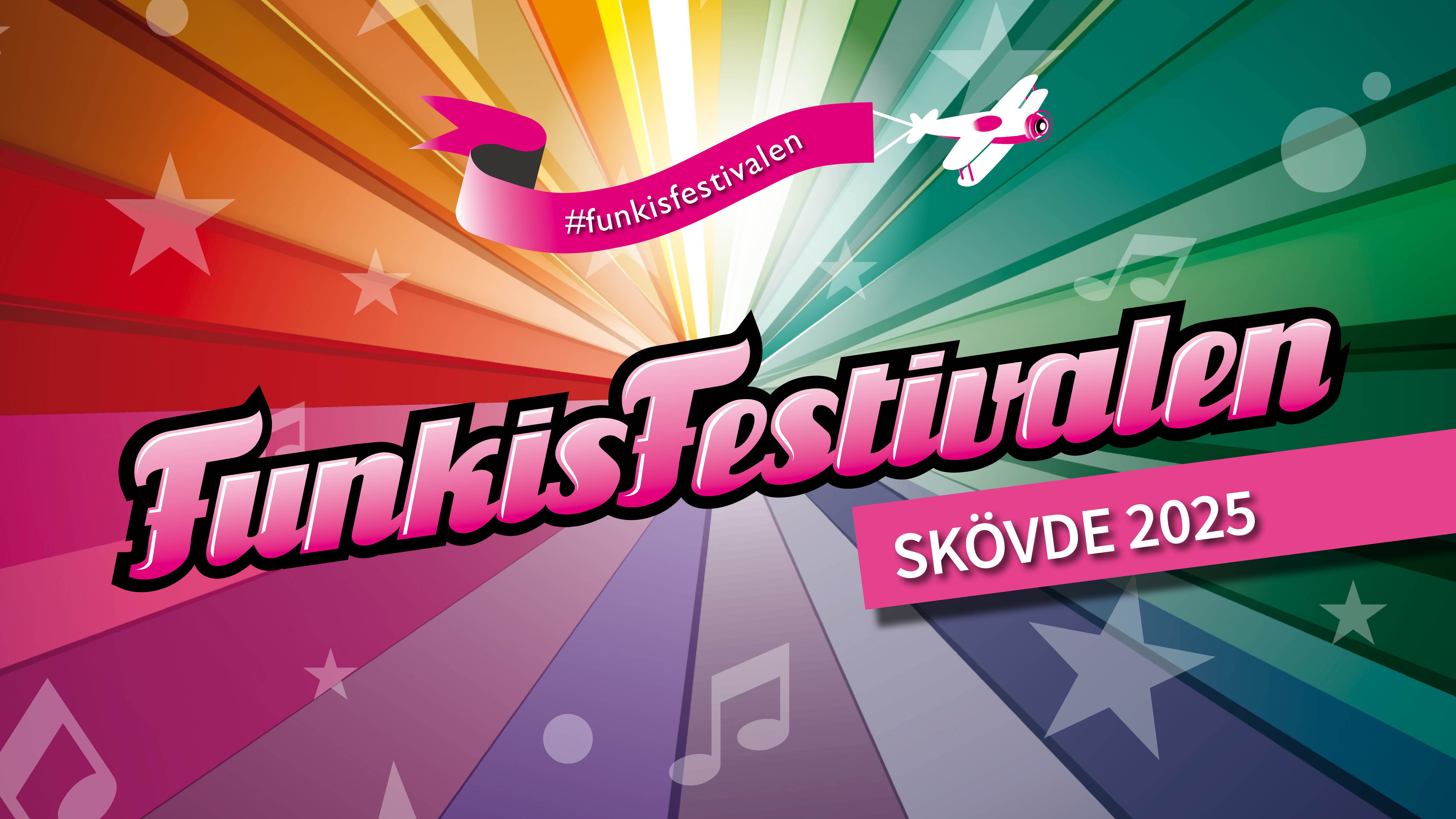 Texten Funkisfestivalen på en färgglad bakgrund