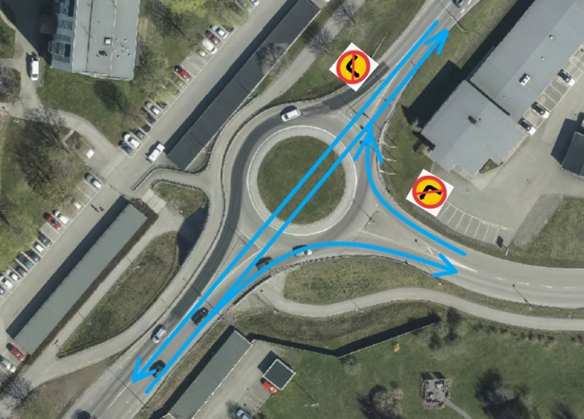 Bild på körvägar i norrmalmsrondellen som kan användas.